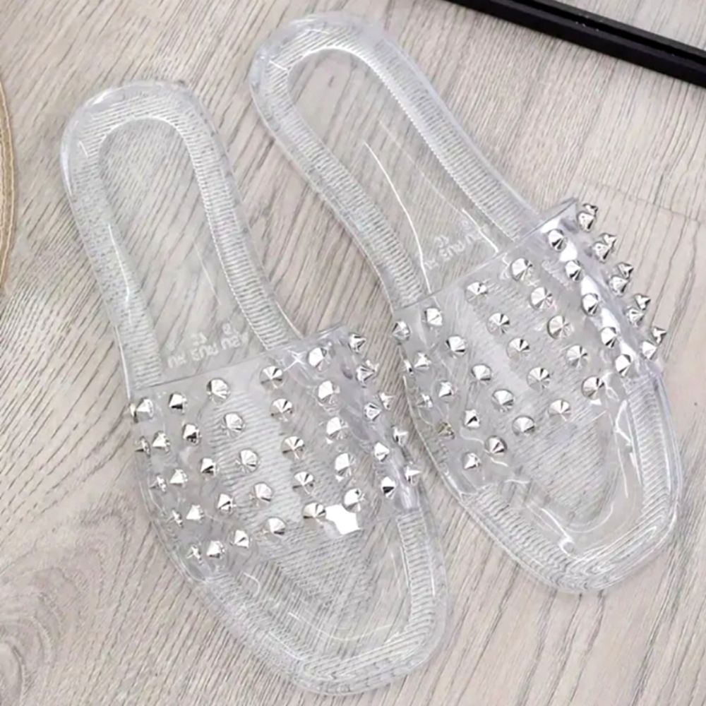 Studded Slide Sandals Clear Transparent  Silver Flat Pool Jelly